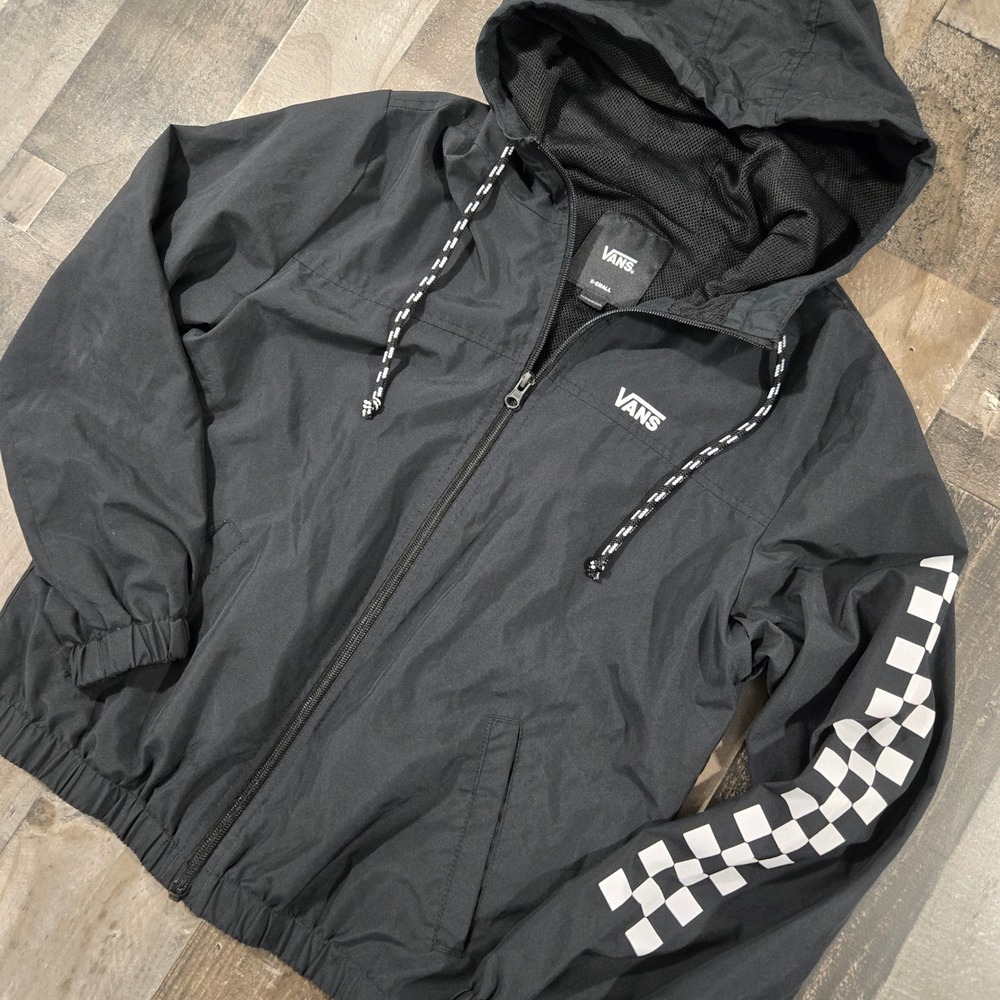Vans Kastle Check Me Black Hooded Windbreaker Jacket Checkerboard Sleeve XS